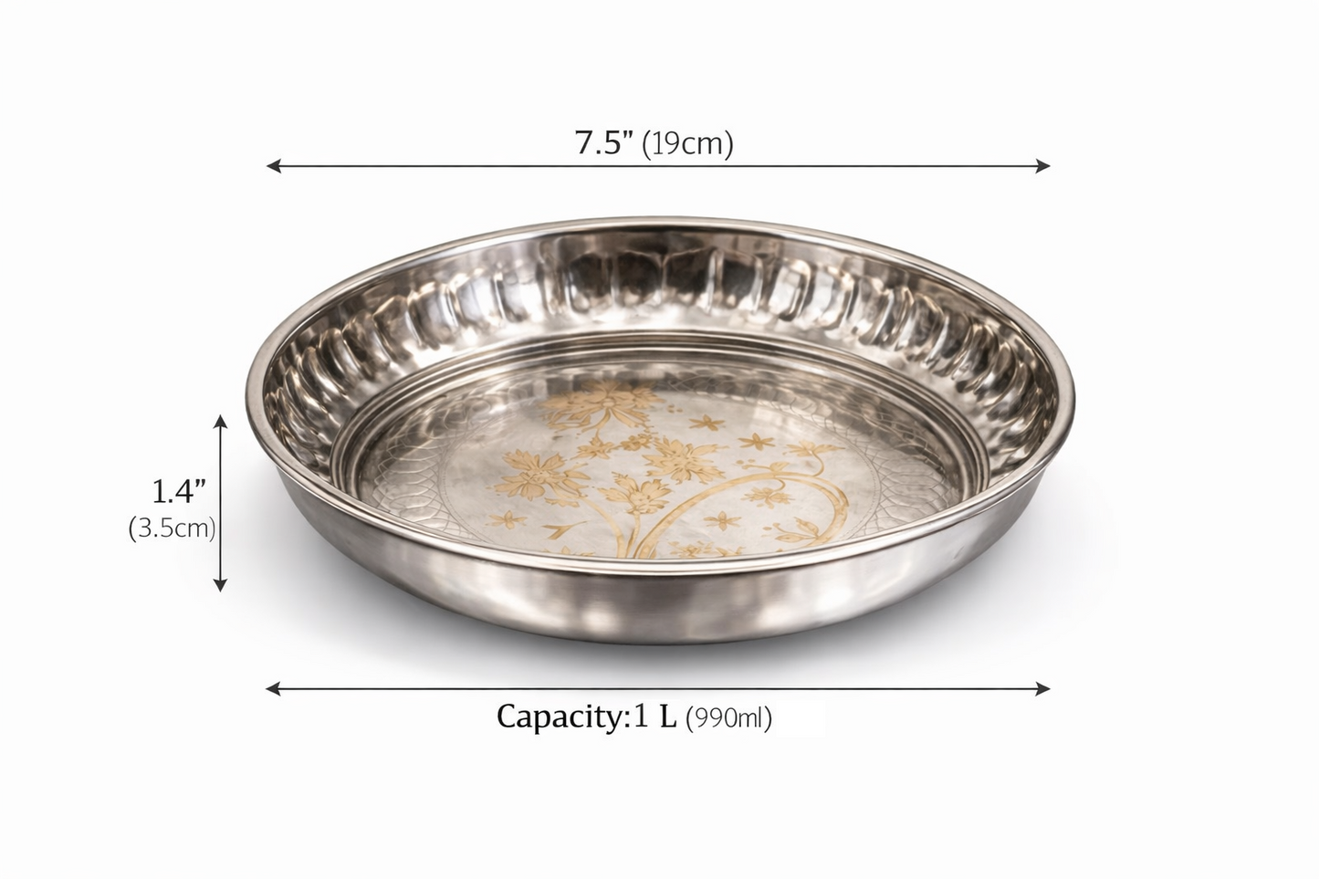 round steel thali with floral design