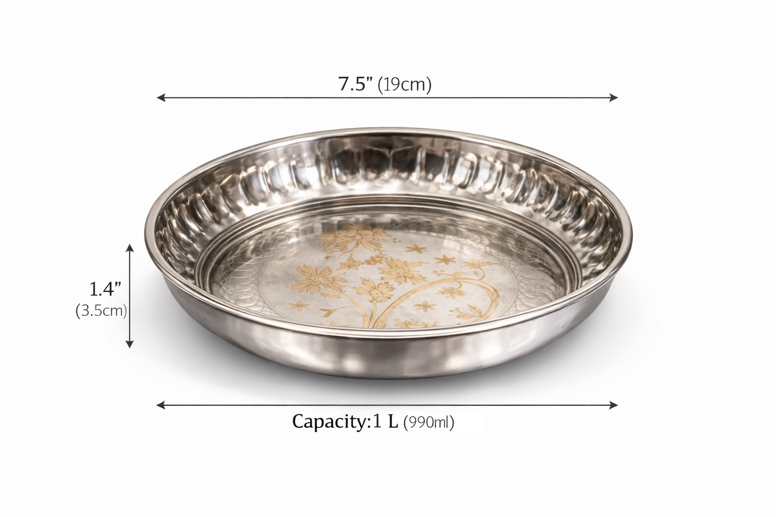 round steel thali with floral design