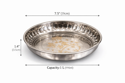 round steel thali with floral design